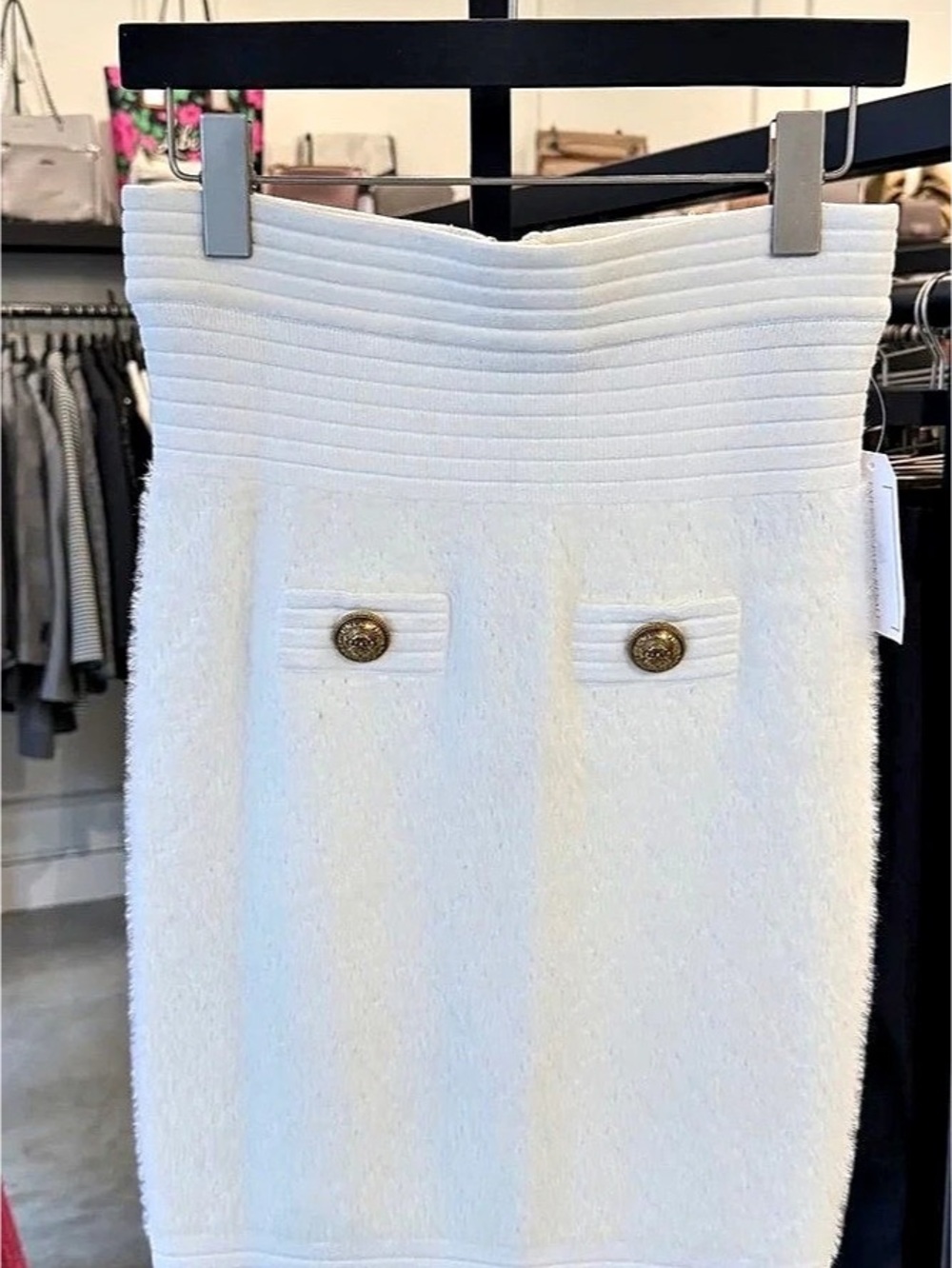 Balmain Button-Embellished Ribbed Knit Mini Skirt White